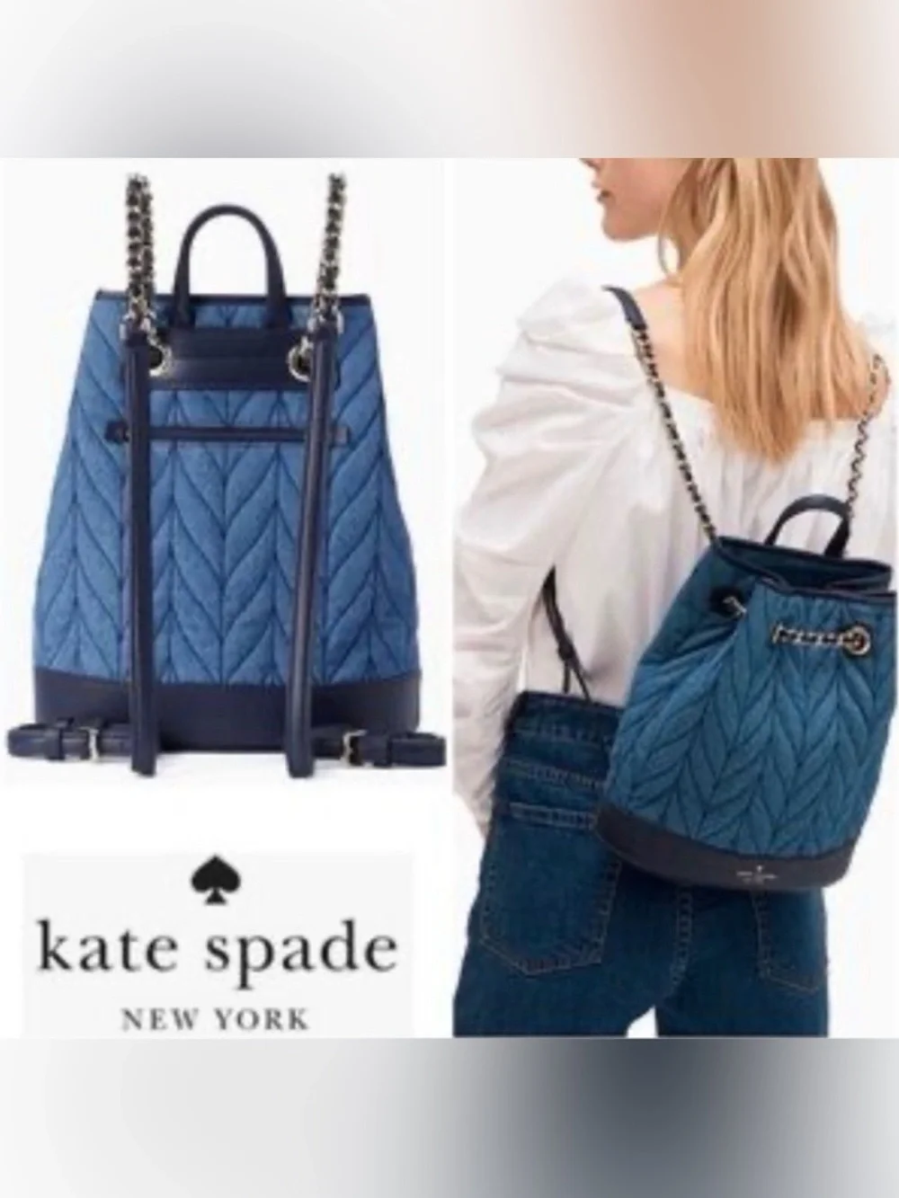 kate spade Quilted Blue Chain-Detail Backpack